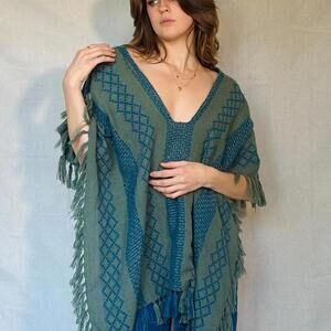 Free People Blue and Grey Fringe Poncho (Modern)